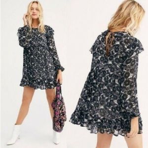NWT Free People These Dreams Black/Wht Floral Ruffled Mini Dress w Slip - SZ XS